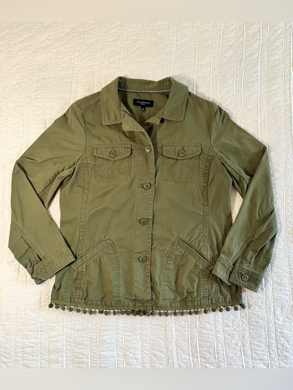Talbots Olive Green Pom-Pom Twill Utility Jacket Size MP